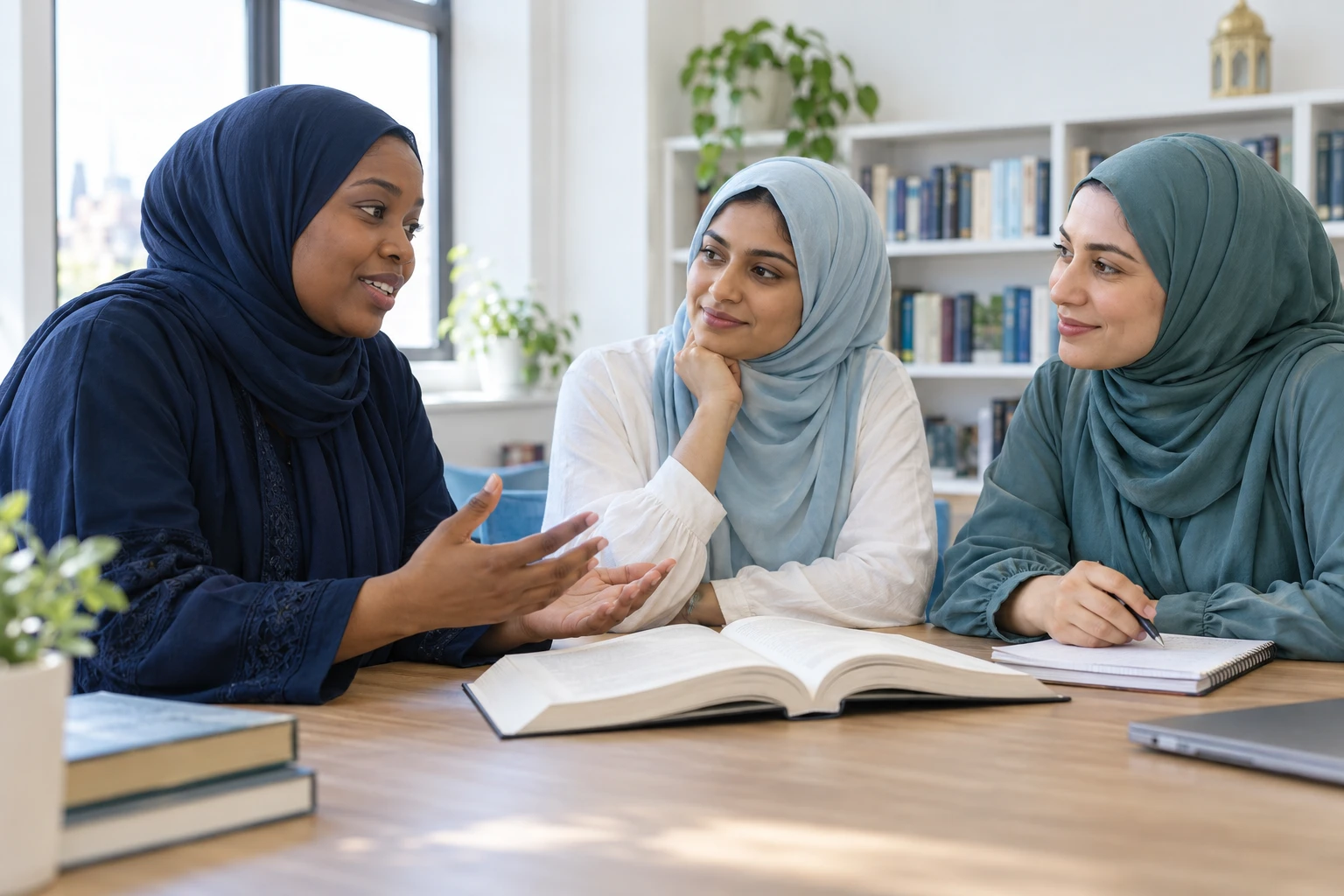 Three women talking around an open book in a bright library room