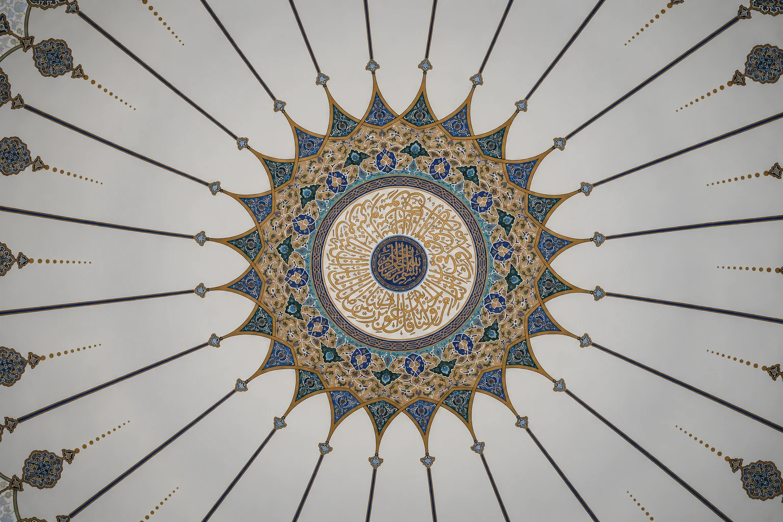 Pale mosque ceiling with fine navy lines radiating from a central ornamental medallion