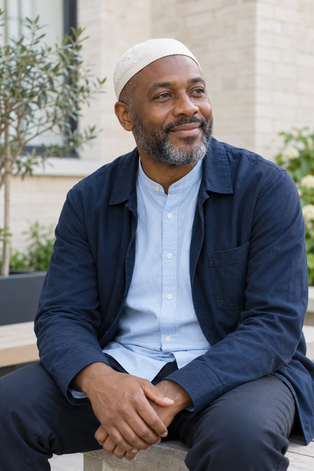 A smiling man in a navy jacket and white cap sitting outdoors