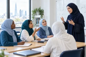 A teacher leading a class of women with notebooks in a bright classroom