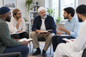 Five men sitting in a circle with books, in discussion
