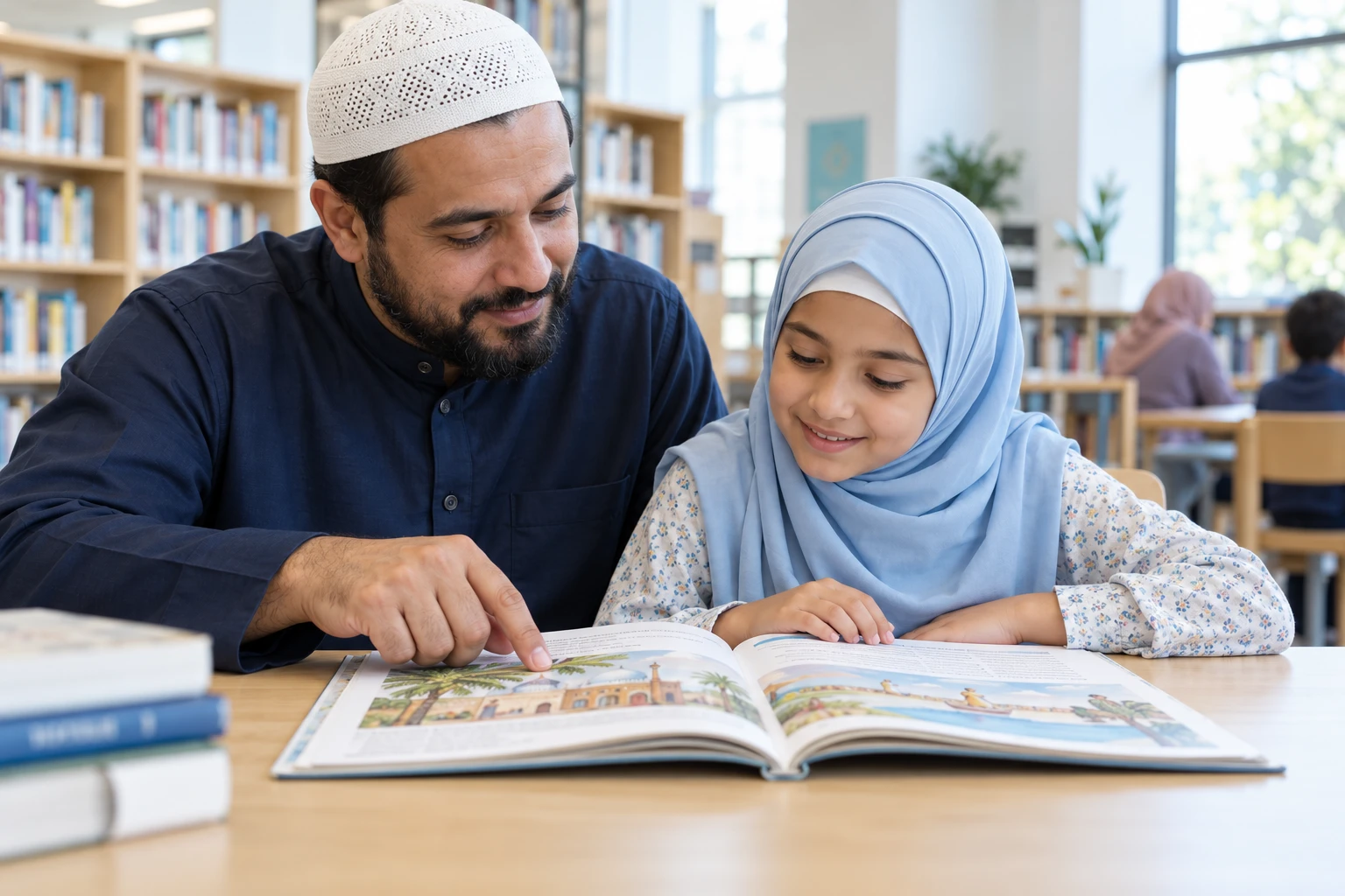A man and a girl reading an illustrated book together in a library